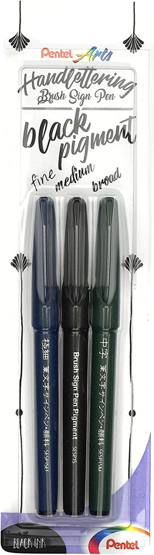 Pentel Sign Pen Brush -   3er Set - Black Pigment 3 Strichstärken - wasserfest -